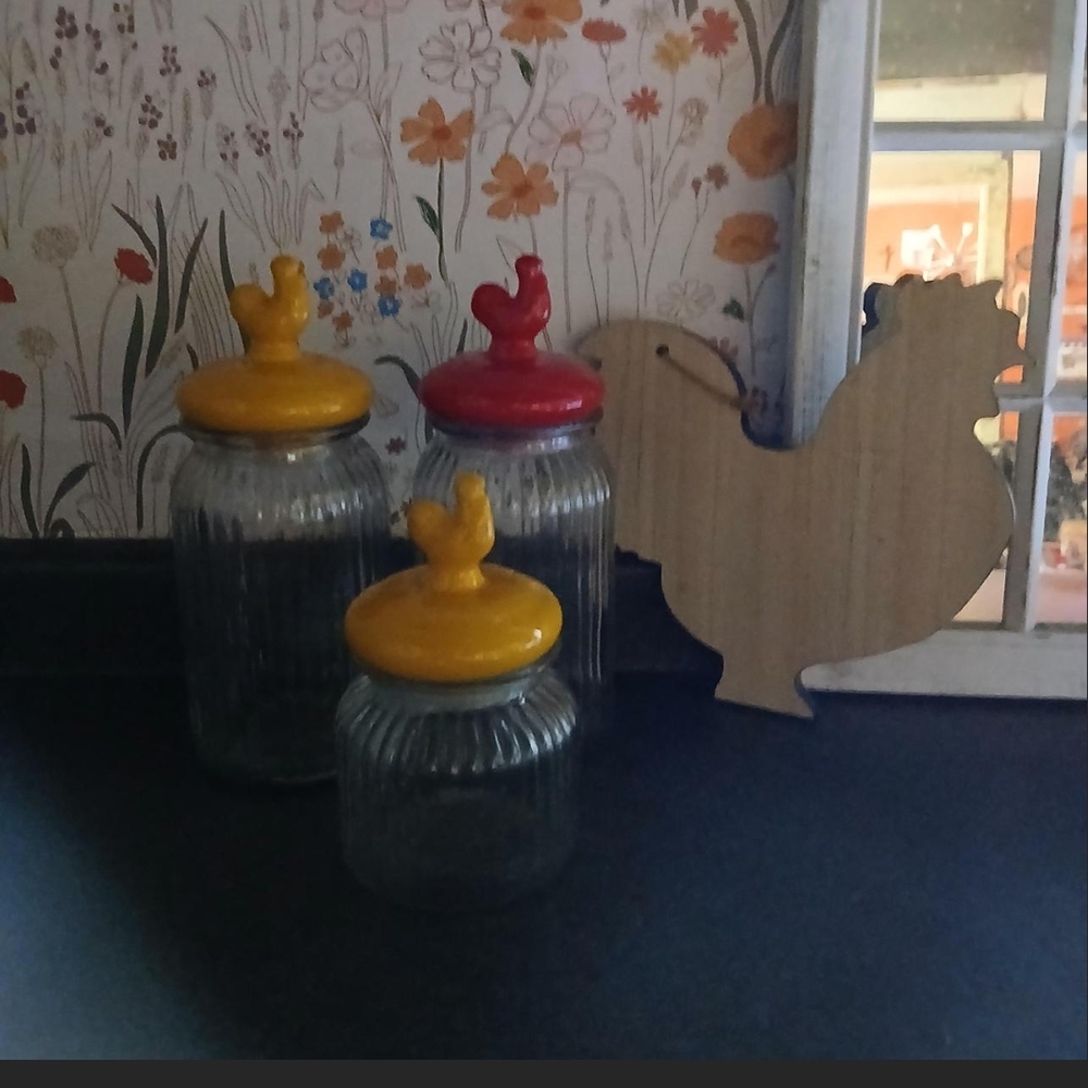 Vintage Set of Ribbed Glass Canisters with Yellow and Red Ceramic Rooster Lids